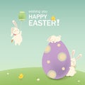 Happy Easter. Easter Rabbit Bunny with eggs, grass, flowers in field. Cute cartoon rabbit character with chicken, Paschal egg.