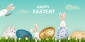 Happy Easter. Easter Rabbit Bunny with eggs, grass, flowers in field. Cute, funny cartoon rabbit character with Paschal