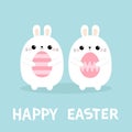 Happy Easter. Rabbit bunny family set holding painting egg. Farm animal. Cute cartoon kawaii funny baby character. Blue pastel Royalty Free Stock Photo