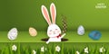 Happy Easter. Easter Rabbit Bunny with realistic eggs, grass, flowers on green background. Cute, funny cartoon rabbit Royalty Free Stock Photo