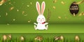 Happy Easter. Easter Rabbit Bunny with realistic eggs on green background. Cute, funny cartoon rabbit character with Royalty Free Stock Photo