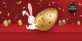 Happy Easter. Easter Rabbit Bunny with realistic eggs on red background. Cute, funny cartoon rabbit character with Royalty Free Stock Photo