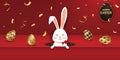 Happy Easter. Easter Rabbit Bunny with realistic eggs on red background. Cute, funny cartoon rabbit character with Royalty Free Stock Photo