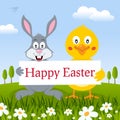 Happy Easter Rabbit & Chick in a Meadow Royalty Free Stock Photo