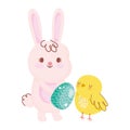 Happy easter rabbit with egg chicken rainbow field flowers