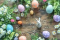 Happy easter Rabbit Eggs Easter Bunny Lanterns Basket. White Magenta Bunny easter wreath. orange poppy background wallpaper Royalty Free Stock Photo