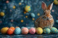 Happy easter rabbit Eggs Easter egg tradition Basket. White hollyhocks Bunny Orange Dream. sparkling background wallpaper Royalty Free Stock Photo