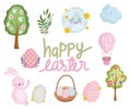 happy easter rabbit eggs tree flowers cloud cute cartoon Royalty Free Stock Photo