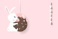 Happy Easter, rabbit hanging with chocolate egg, holiday greeting card, decoration poster invitation background vector Royalty Free Stock Photo