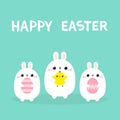 Happy Easter. Rabbit holding chicken bird, painting egg set. Bunny baby chick friends forever. Farm animal. Cute cartoon kawaii Royalty Free Stock Photo