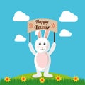 Happy easter rabbit holds placard with landscape