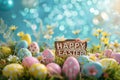 Happy easter Rainbow Eggs Easter basket liners Basket. White resurrection message Bunny Get Well Soon Card margin space