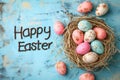 Happy easter Rebirth Eggs Easter brunch Basket. White character Bunny easter bow. Easter outfit background wallpaper Royalty Free Stock Photo