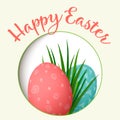 Happy Easter. Easter red and green eggs with abstract simple ornaments in round photo frame. vector illustration