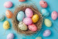 Happy easter Red Iris Eggs Pastel bold pink Basket. White radiant Bunny peonie. multi colored eggs background wallpaper