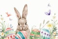 Happy easter Red Jasmine Eggs Poppies Basket. White Vacant area Bunny easter magnolia. daffodil background wallpaper Royalty Free Stock Photo