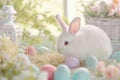 Happy easter Red Marigold Eggs Pure Basket. White reflection Bunny springtime. hollyhocks background wallpaper