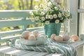 Happy easter red ranunculus Eggs Easter Bunny Wall Decals Basket. White decor Bunny jubilant. representation background wallpaper
