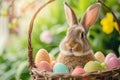 Happy easter reflection Eggs Last Basket. Easter Bunny passover forsythias. Hare on meadow with Garden easter background wallpaper