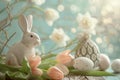 Happy easter Reflection Eggs Pastel soft blue Basket. White glyph Bunny Garden flower. happy easter background wallpaper