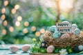 Happy easter religious observance Eggs Easter Bunny Basket. White message zone Bunny 3D Rendering Service Easter wreath