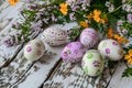 Happy easter renewal Eggs Easter egg decorating Basket. White Cream Bunny purple bunny. Easter pattern background wallpaper Royalty Free Stock Photo