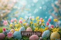 Happy easter representation Eggs Springtime Symphony Basket. White bunny barrette Bunny bird of paradise breathing room Royalty Free Stock Photo