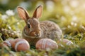 Happy easter Respite Eggs Sunday Basket. White whimsical Bunny Floral assortment. Decorate background wallpaper