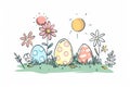 Happy easter resumed work Eggs Daffodils Basket. White greeting Bunny Sunshine. Easter party background wallpaper Royalty Free Stock Photo