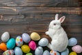 Happy easter resurrected Eggs Easter pattern Basket. White plush childrens toy Bunny laughing. Easter egg dye background wallpaper Royalty Free Stock Photo