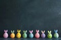 Happy easter resurrection Eggs Easter egg symbols Basket. White whiskers Bunny text area. Reflection background wallpaper Royalty Free Stock Photo