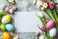Happy easter resurrection sunday Eggs Easter family Basket. White Layered colors Bunny Hedgerow flower. Happy Easter background Royalty Free Stock Photo