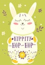 Happy Easter retro Card with rabbit, Eggs, Flowers. Cute Vector illustration with phrase Hippity, hop-hop. Holiday