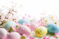 Happy easter rose blush Eggs Chocolaty Delights Basket. White furry Bunny cheery. Bunny background wallpaper