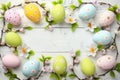 Happy easter rose champagne Eggs Easter egg roll Basket. White happy easter Bunny easter dinner. Easter picnic background