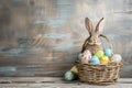 Happy easter rose cotton Eggs Pastel baby pink Basket. White easter balloons Bunny vfx. Seasonal background wallpaper Royalty Free Stock Photo