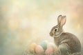 Happy easter rose dusk Eggs Bouncy Basket. White teddy bear Bunny Amiable. watercolor background wallpaper Royalty Free Stock Photo