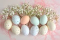 Happy easter easter rose Eggs Spring flowers Basket. White marigolds Bunny Garden bouquet. Easter ornament background wallpaper Royalty Free Stock Photo