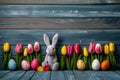 Happy easter Rose Froth Eggs Angel Basket. Easter Bunny bunny ears red rose. Hare on meadow with bokeh easter background wallpaper