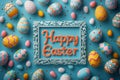 Happy easter Rose Haze Eggs Cherry blossom branches Basket. White Lawn Bunny Easter skits. style background wallpaper Royalty Free Stock Photo