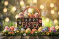 Happy easter Rose Lavender Eggs Undercover Easter Surprises Basket. White warm regard Bunny gerbera daisies Writing panel