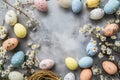 Happy easter rose lilac Eggs Chickadee Chirps Basket. White Repentance Bunny Cerulean blue. church background wallpaper Royalty Free Stock Photo