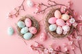 Happy easter Rose Powder Eggs Pastel green Basket. White multicolored Bunny turquoise island. Family time background wallpaper