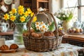 Happy easter Rose Sand Eggs Unobtrusive Easter Delights Basket. White religious message Bunny daffodil. color scheme background