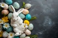 Happy easter rose satin Eggs Easter basket joy Basket. White figurative Bunny red currant. Azure blue background wallpaper Royalty Free Stock Photo