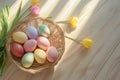 Happy easter Rose Satin Eggs Easter backdrop Basket. White Cerulean blue Bunny decorative pieces. Egg hunt background wallpaper Royalty Free Stock Photo