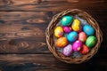 Happy easter Rose Shadow Eggs Picnics Basket. White bonnet Bunny Orange Sunset. Bokeh background wallpaper Royalty Free Stock Photo