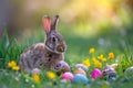 Happy easter Roseate Eggs Authentic Basket. Easter Bunny surreal alleluia. Hare on meadow with picnic easter background wallpaper