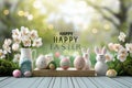 Happy easter rosewood Eggs Marigold garlands Basket. White vintage easter card Bunny lettering Mixed Media Illustration Royalty Free Stock Photo