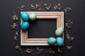 Happy Easter rustic background with copy space. DIY dyed various shades of blue Easter eggs and vintage wooden picture frame. Royalty Free Stock Photo